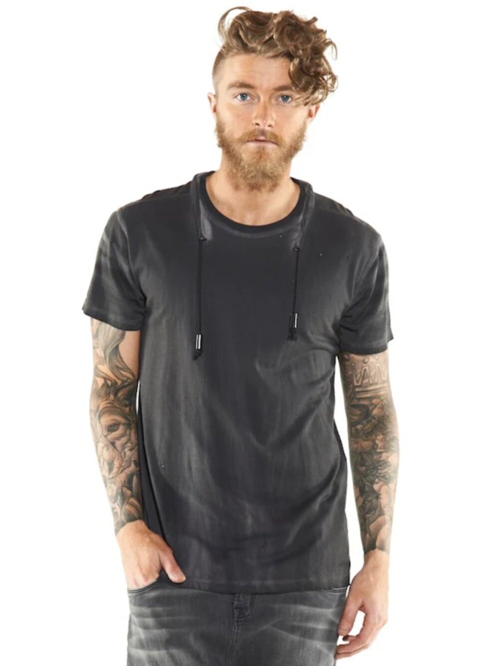 Reese De Luca Charcoal Jersey T-Shirt with Drawstring Neck/16071